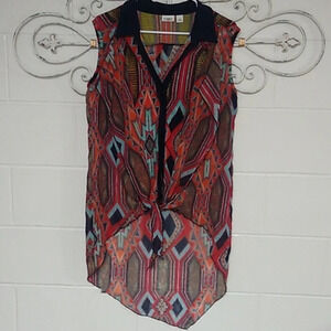 CATO HIGH-LOW ASYMETRICAL BOHO, LAGENLOOK, PRINT, SLEEVELESS, BUTTON DOWN TOP